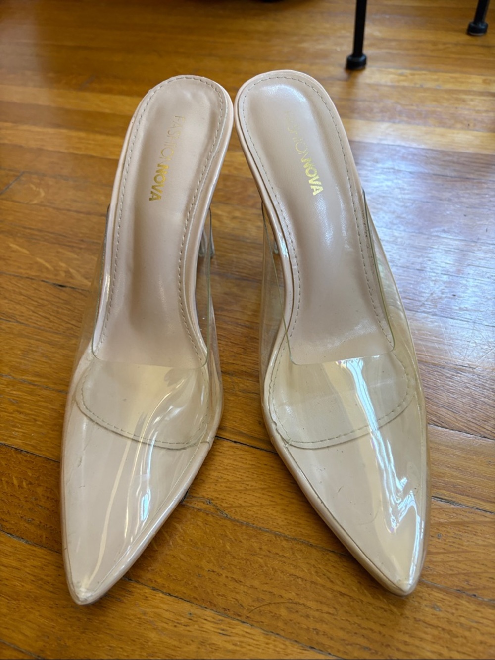 Fashion Nova Nude and Clear Pointed Backless Mules